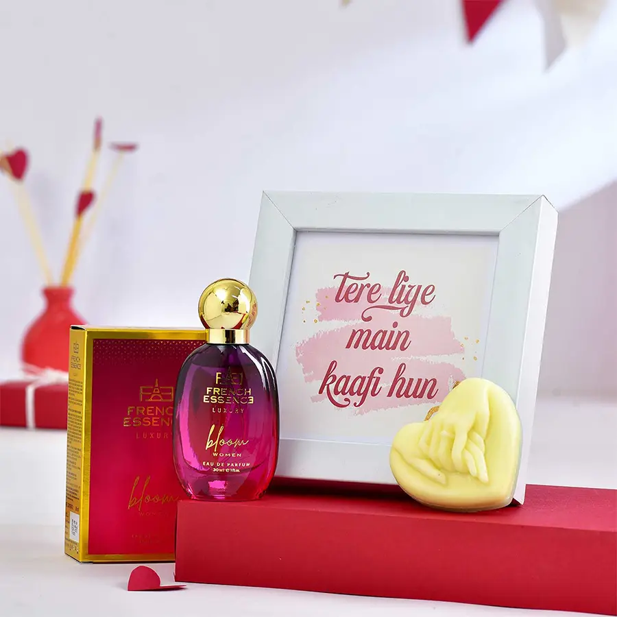 Fragrant Love Affair Hamper with photo frame, heart-shaped candle, and French Essence Bloom parfum