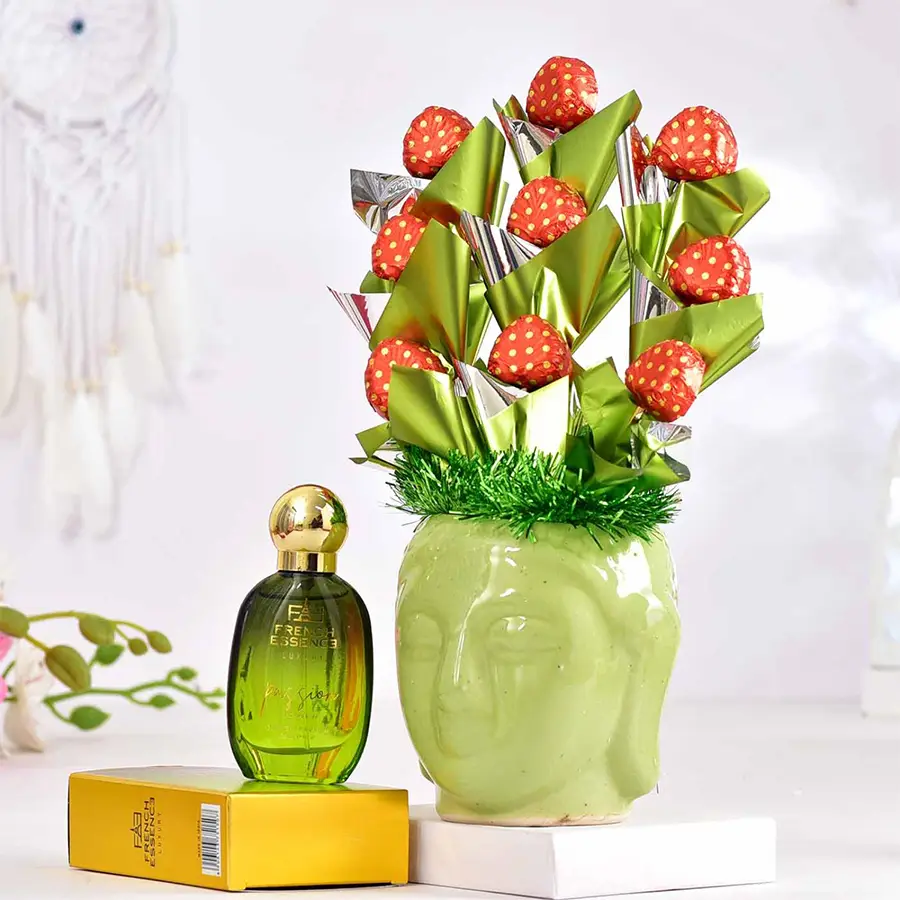 Captivating chocolate arrangement in a green Buddha ceramic pot with French Essence Luxury Passion Parfum for Women