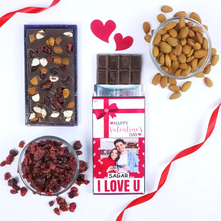Wholesome personalized Valentine's chocolate bar in a Valentine-themed box, featuring rich roasted dry fruits and cranberries, with a custom name and photo.