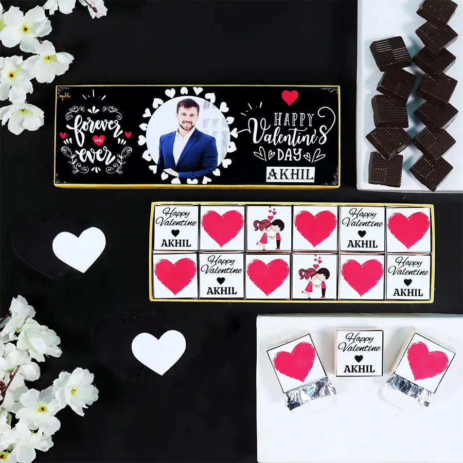 Personalized box of chocolates with names and photos for Valentine's Day