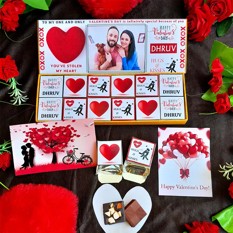 Customized chocolaty gift box with 12 assorted chocolates featuring unique fillings and personalized with name and photo for Valentine's Day.