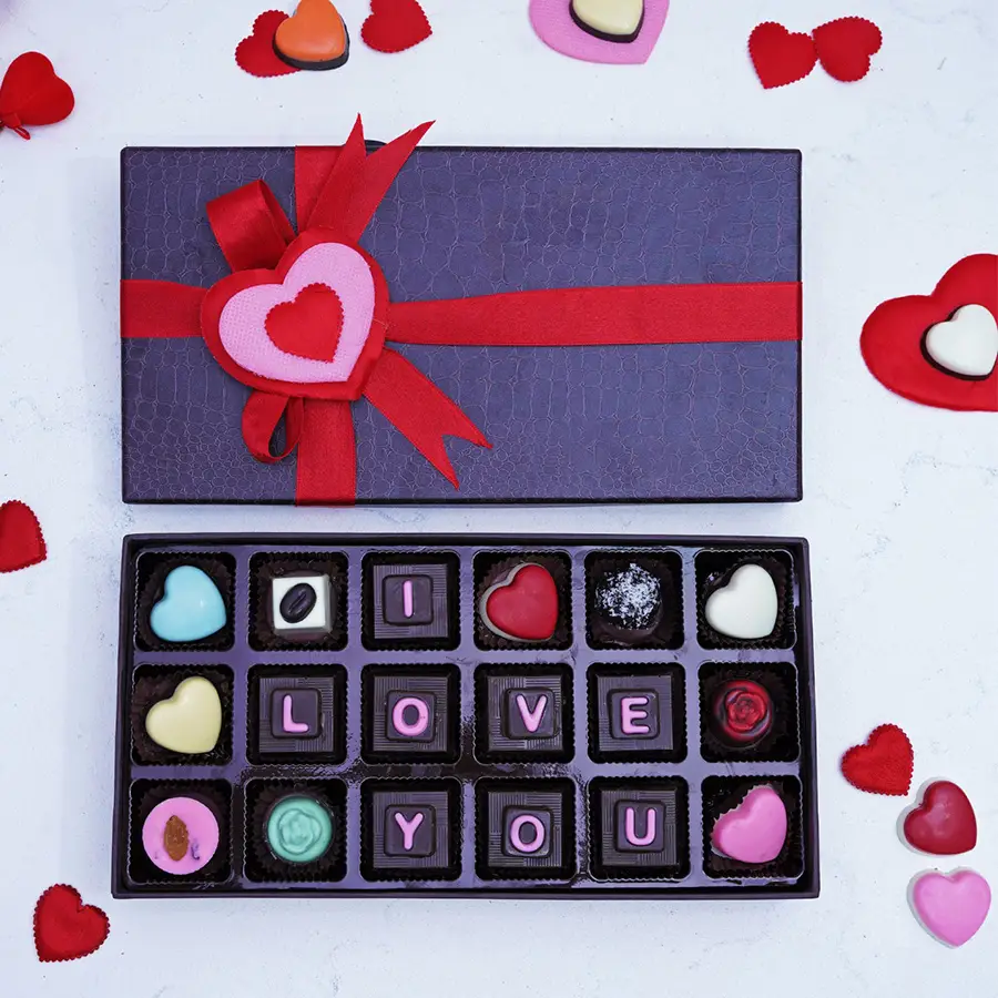 Choco Bliss Assortment Gift Box featuring an array of 18 flavored chocolates including Roasted Almond, Fruit N Nut, Truffle, Coffee, Lemon, Strawberry, and Oreo.