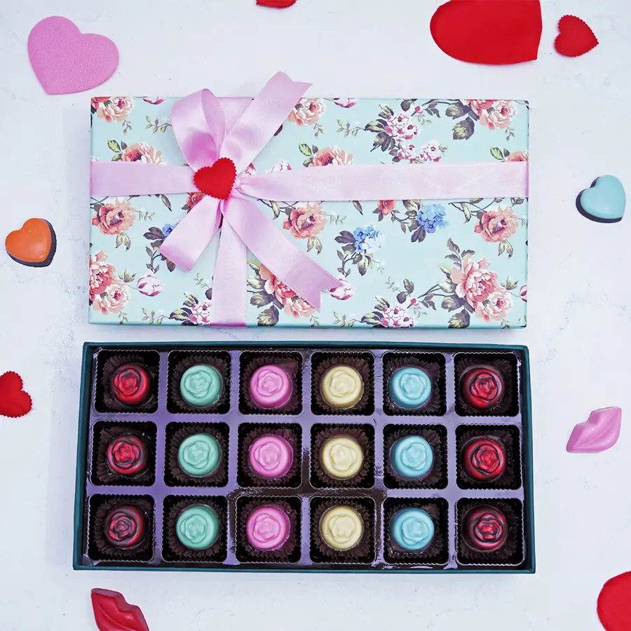 Delectable rose shaped chocolates in a beautifully designed gift box