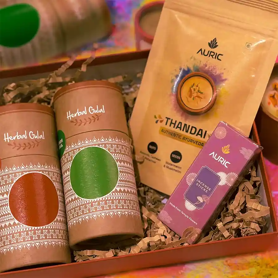 Holi Bliss Celebration Box with Thandai Mix, Dual Colour Tubes, fragrant Agarbatti, and Compact Joy Package arranged aesthetically