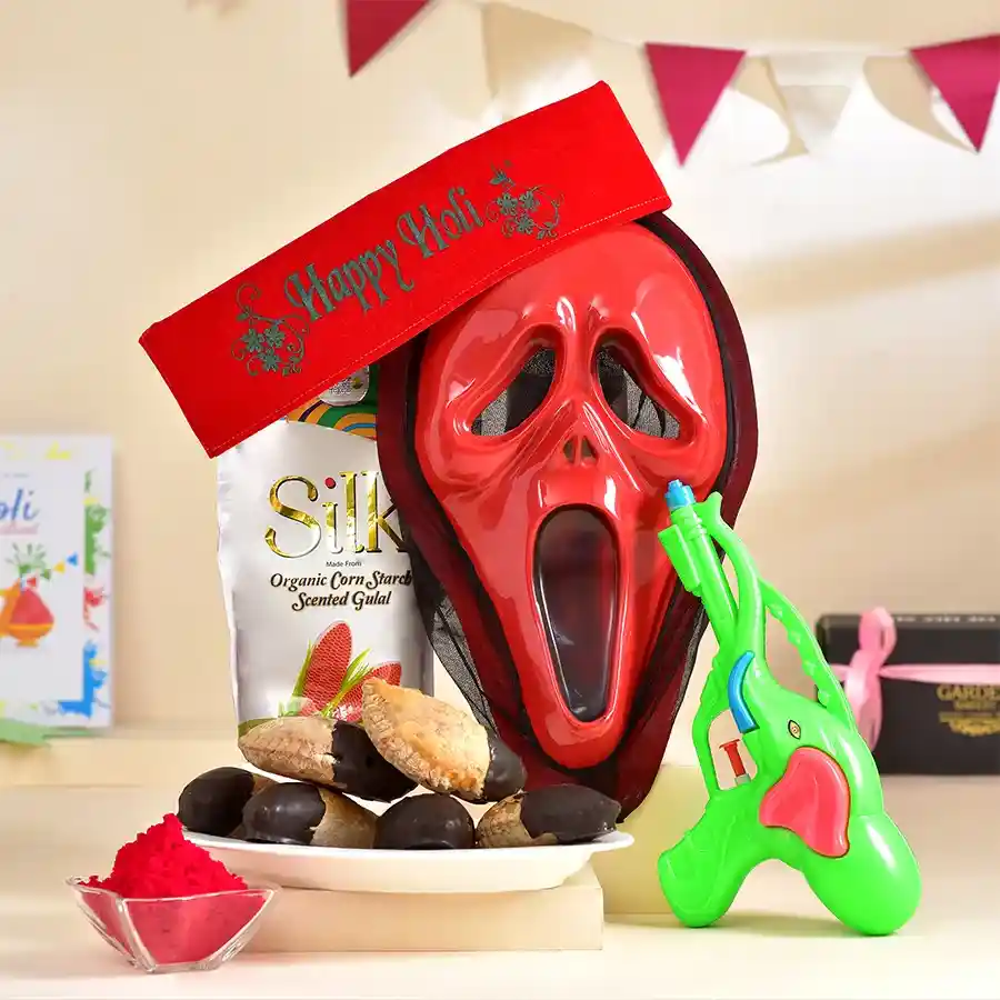Holi Cheer Gift Set featuring chocolate-dipped Gujiya, organic Gulal, a Happy Holi Cap, Ghost Face Kids Mask, Pichkari Water Gun, and a customized Holi card.