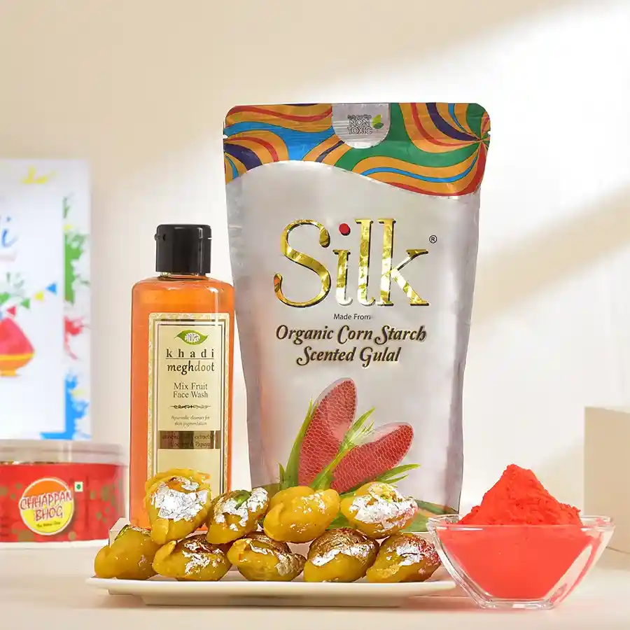 Holi Harmony Gift Set including colorful gulal, gujiya, face wash, and a card