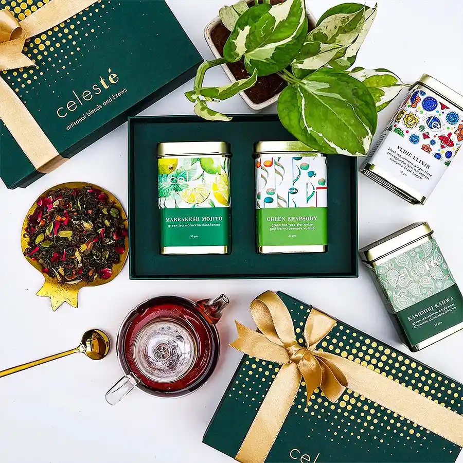 Tea Connoisseurs Delight Gift Set featuring two elegant tin caddies of Marrakesh Mojito and Green Rhapsody teas