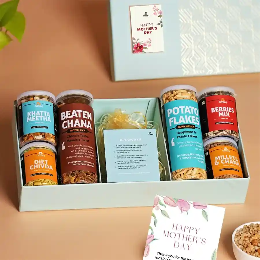 Mother's Day Snacks Gift Box featuring nutritious treats and a DIY Grow Kit, beautifully presented in a premium box with a greeting card.