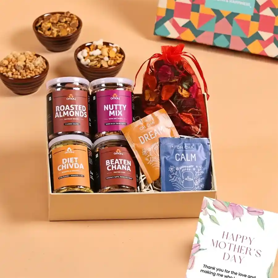 Premium Mother's Day Gift Box filled with roasted almonds, beaten chana, nutty mix, diet flakes, herbal tea sachets, scented potpourri, and a greeting card.
