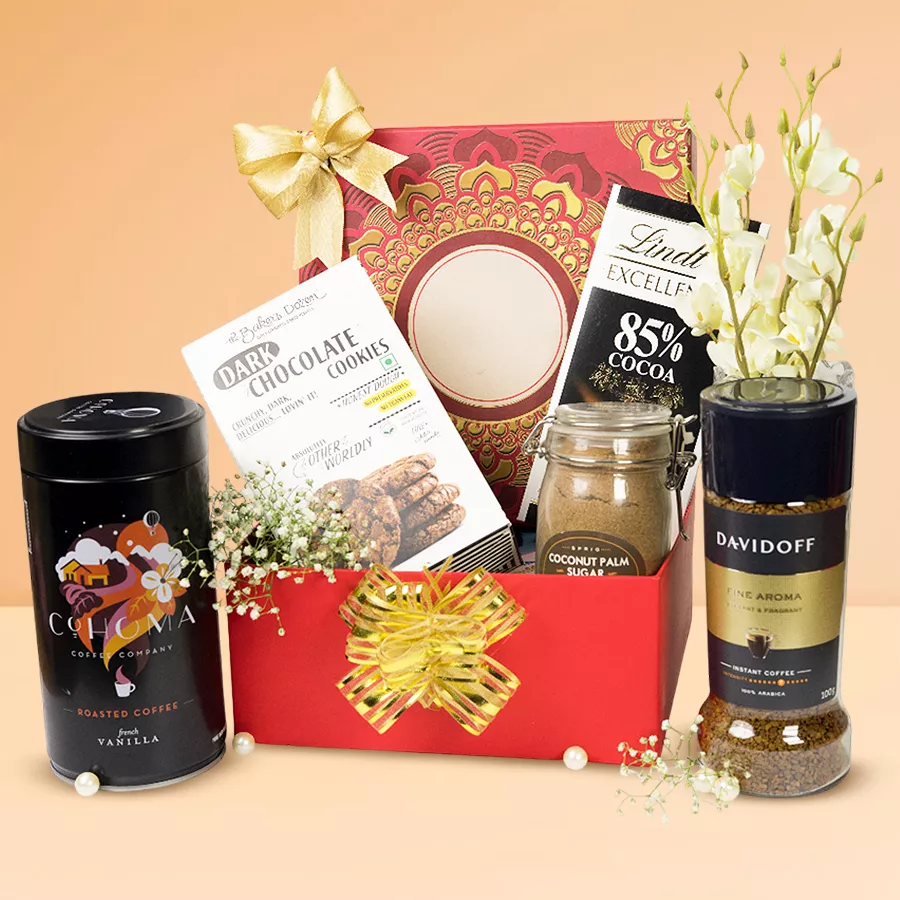 Finest Coffee and Chocolate Delight Hamper with coffee, chocolate cookies, dark chocolate, and reusable basket
