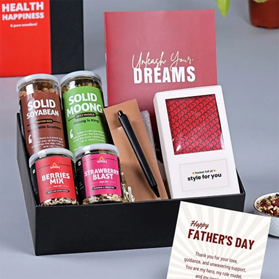 Ultimate Father's Day gift hamper featuring oil-free roasted snacks, a stylish diary with a pen, a satin pocket square box, and a heartfelt greetings card.