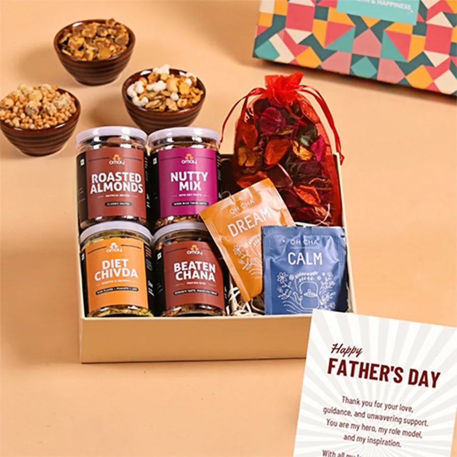 Blissful Father's Day Treats Gift Hamper featuring oil-free snacks, herbal teas, potpourri, and a greeting card