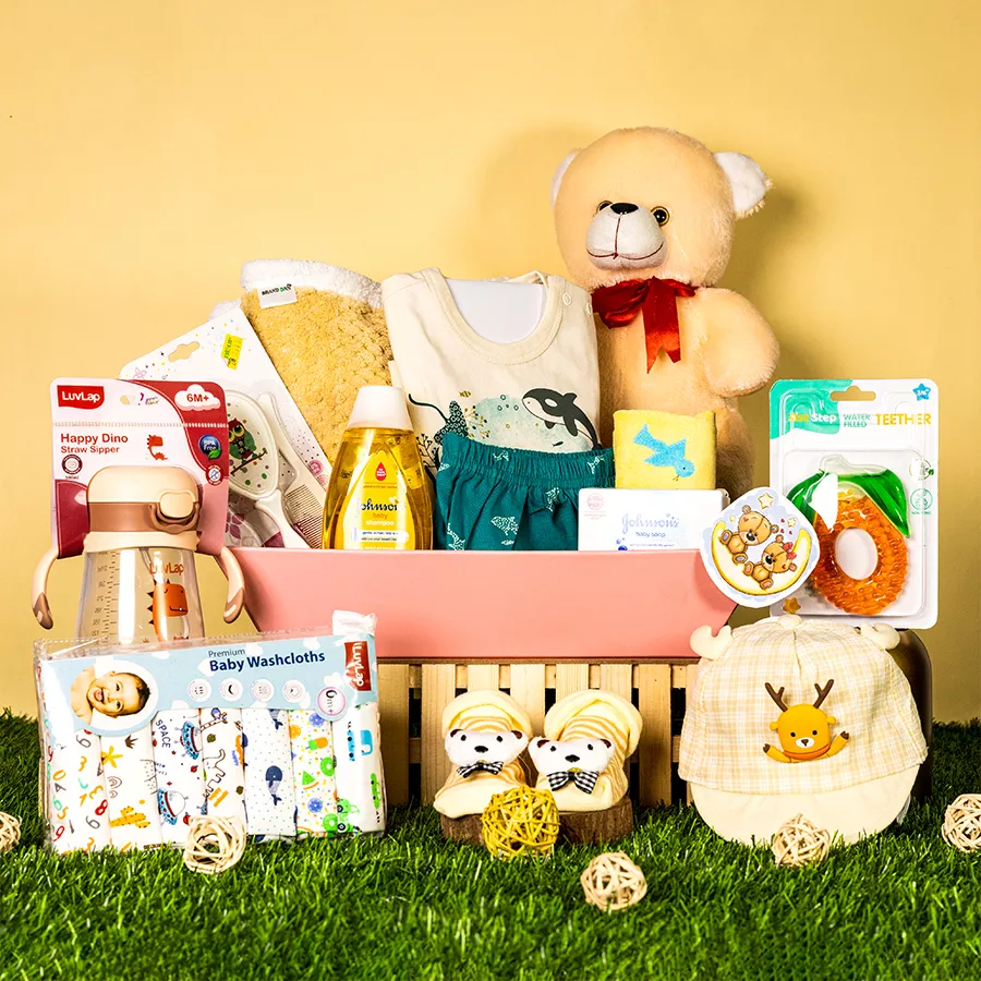 Cozy Baby Care N Teddy Combo with shampoo, soap, washcloths, bootie socks, fleece blanket, teddy bear, baby cap, towel, and teether.