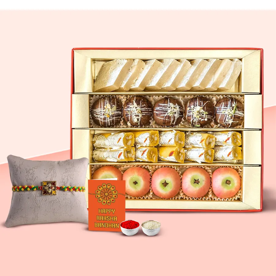 Delicious mix mithai and premium rakhi with free roli tilak chawal for Raksha Bandhan celebration