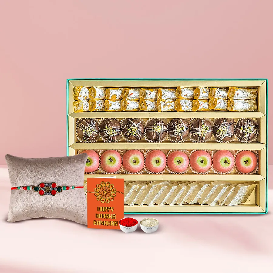 Spectacular Stone Rakhi with Assorted Sweets and Roli, Tilak, and Chawal