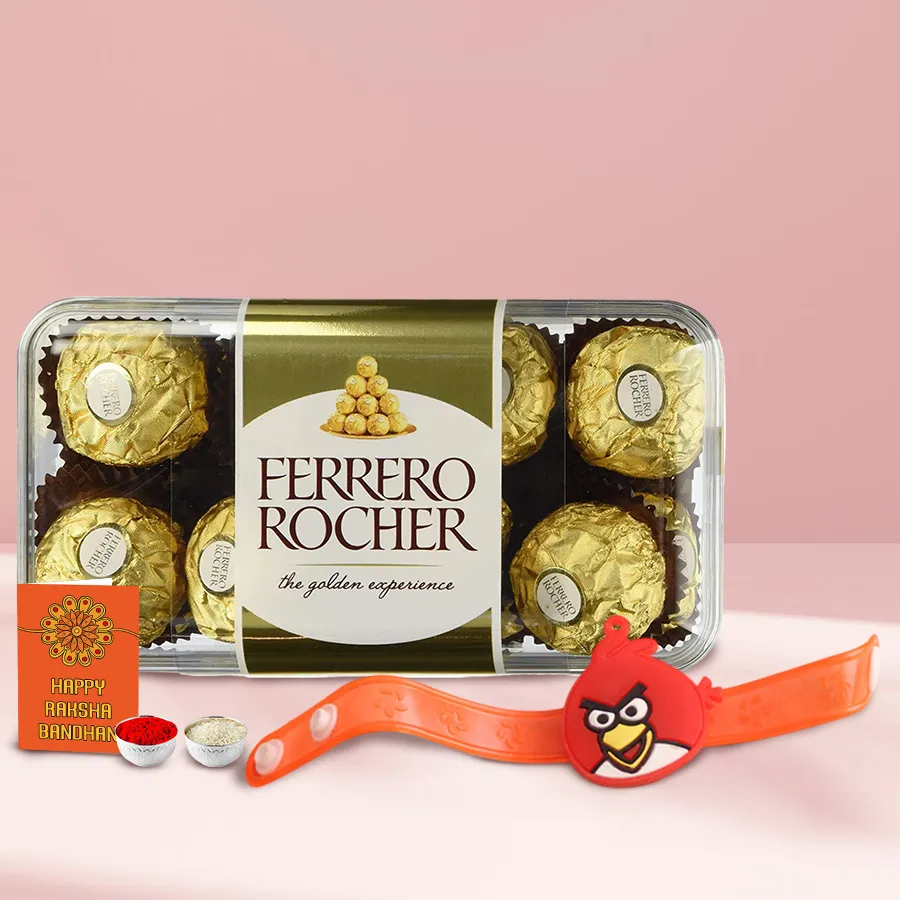16-piece Ferrero Rocher chocolate pack with Angry Birds Rakhi and Roli Tilak Chawal set