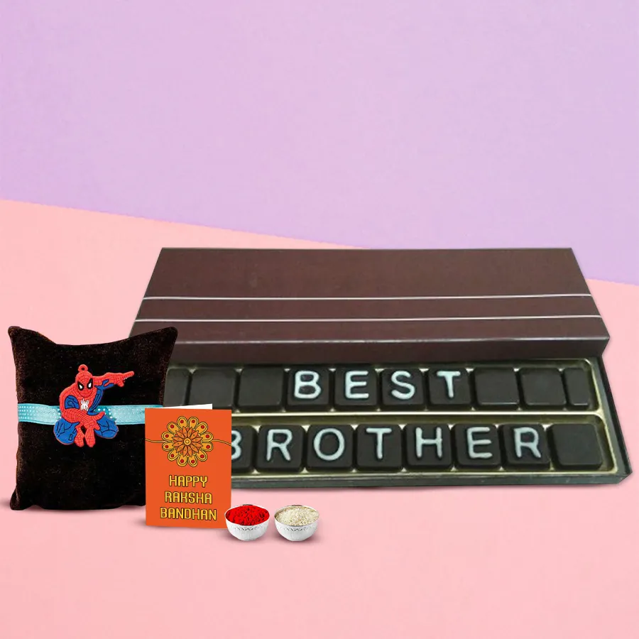 Best Brother Chocolate Pack with 18 chocolates, Spiderman Rakhi, and Roli Tilak Chawal for Raksha Bandhan celebration