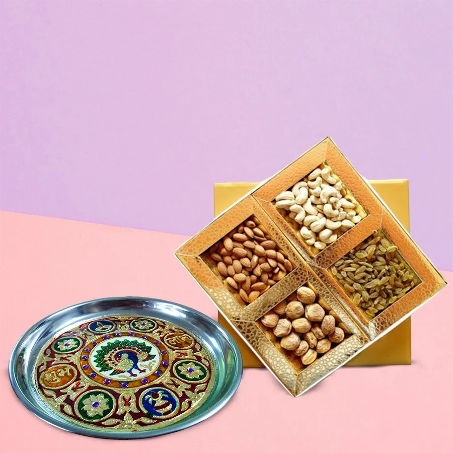 Subh Labh Stainless Steel Thali with Meenakari artwork and mixed dry fruits for Rakhi gift