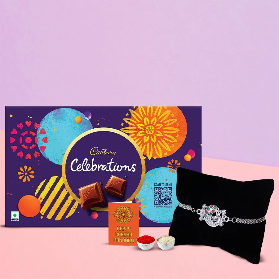 Cadbury Celebration gift box for kids with chocolates, a silver-plated rakhi, Roli, Tilak, and Chawal, all designed for Raksha Bandhan celebration.