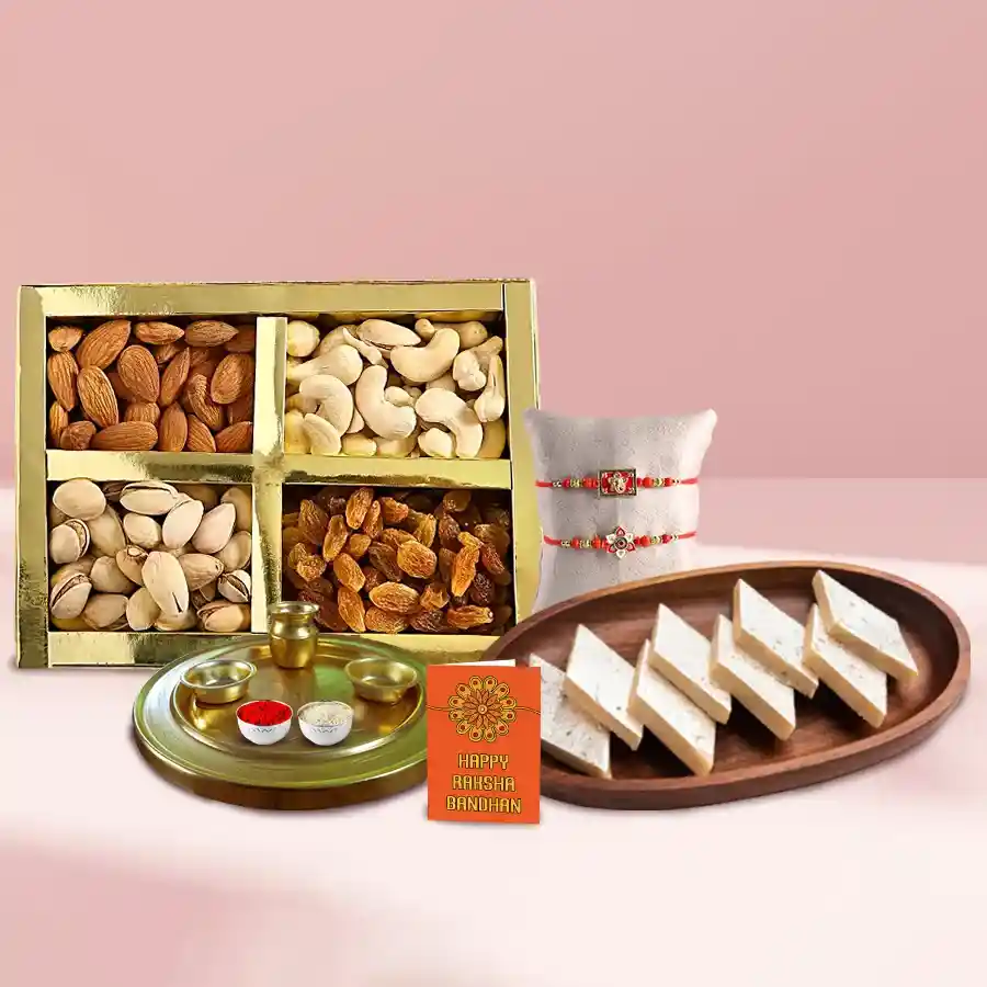 Special Gold Plated Thali Hamper with thali, Rakhis, Kaju Katli, dry fruits, and puja essentials