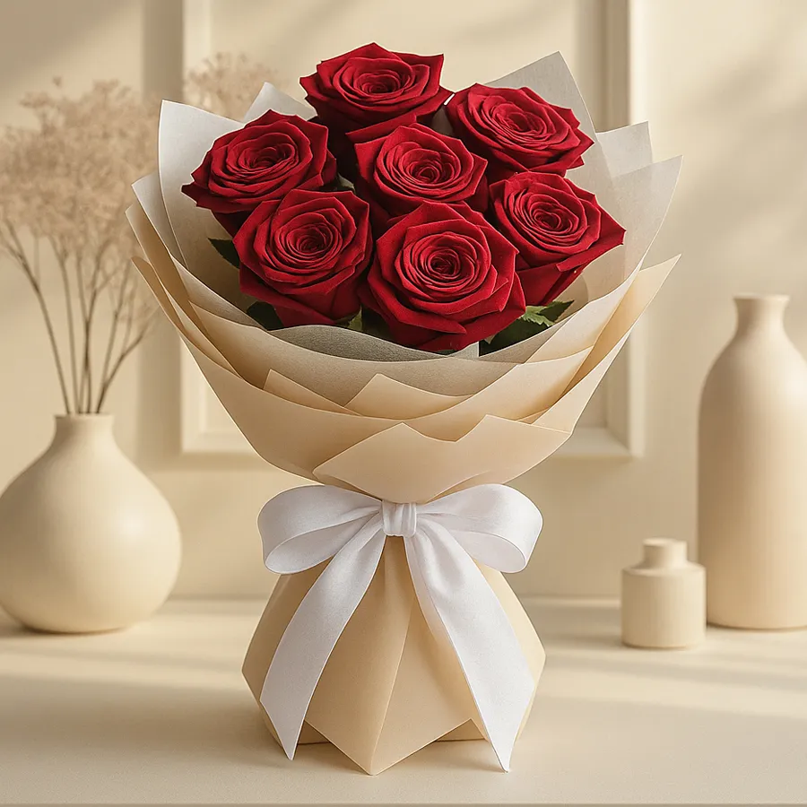 A beautiful arrangement of eight radiant red roses in a bouquet, perfect for gifting and celebrating special moments.
