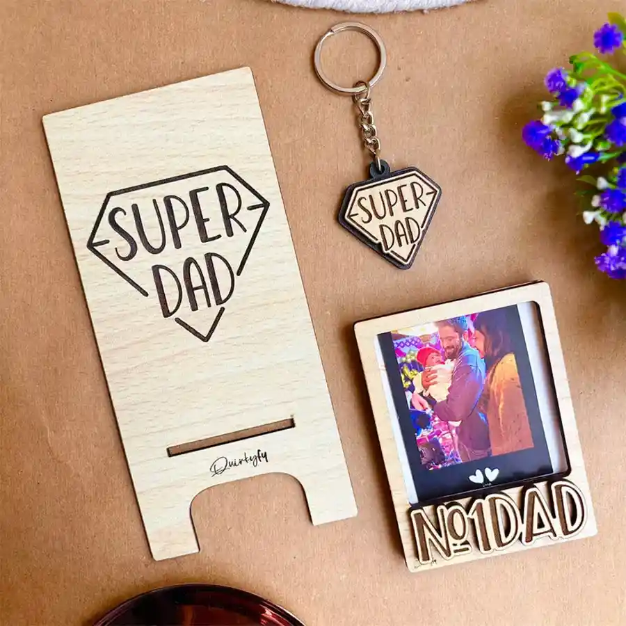 Fathers Day Treasures Gift Set featuring a photo magnet frame, mobile stand, and personalized wooden keychain.