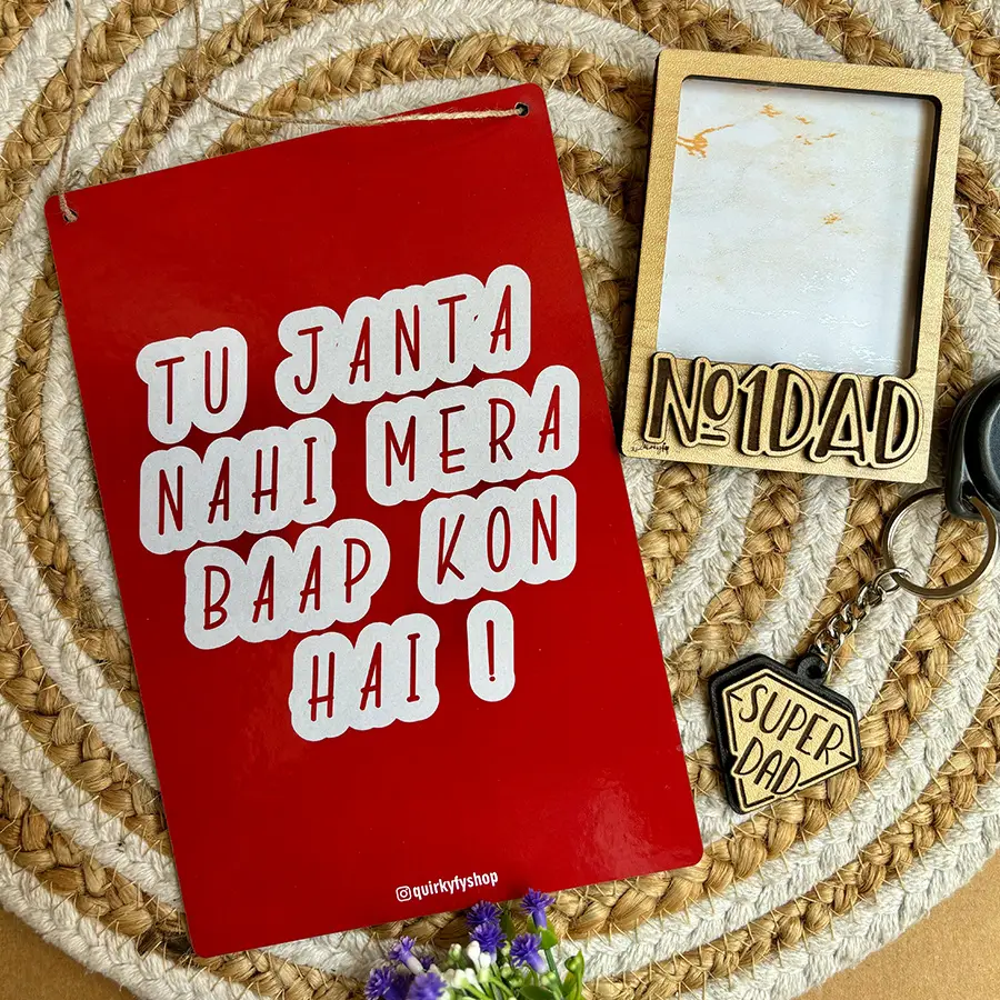 Father's Day gift combo featuring a photo frame magnet, quirky door sign, and stylish keychain.