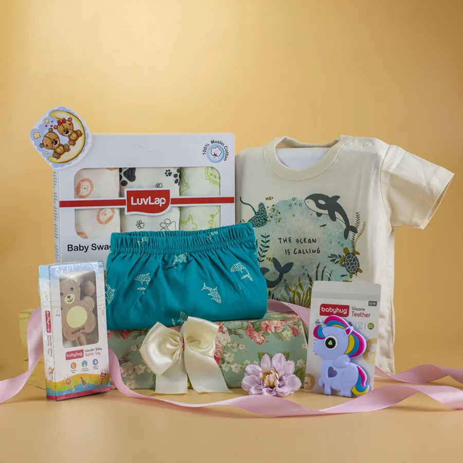 Total Newborn Care N Comfort Gift Set featuring a wooden rattle, newborn dress set, cotton muslin swaddles, silicone teether, and a reusable designer basket.