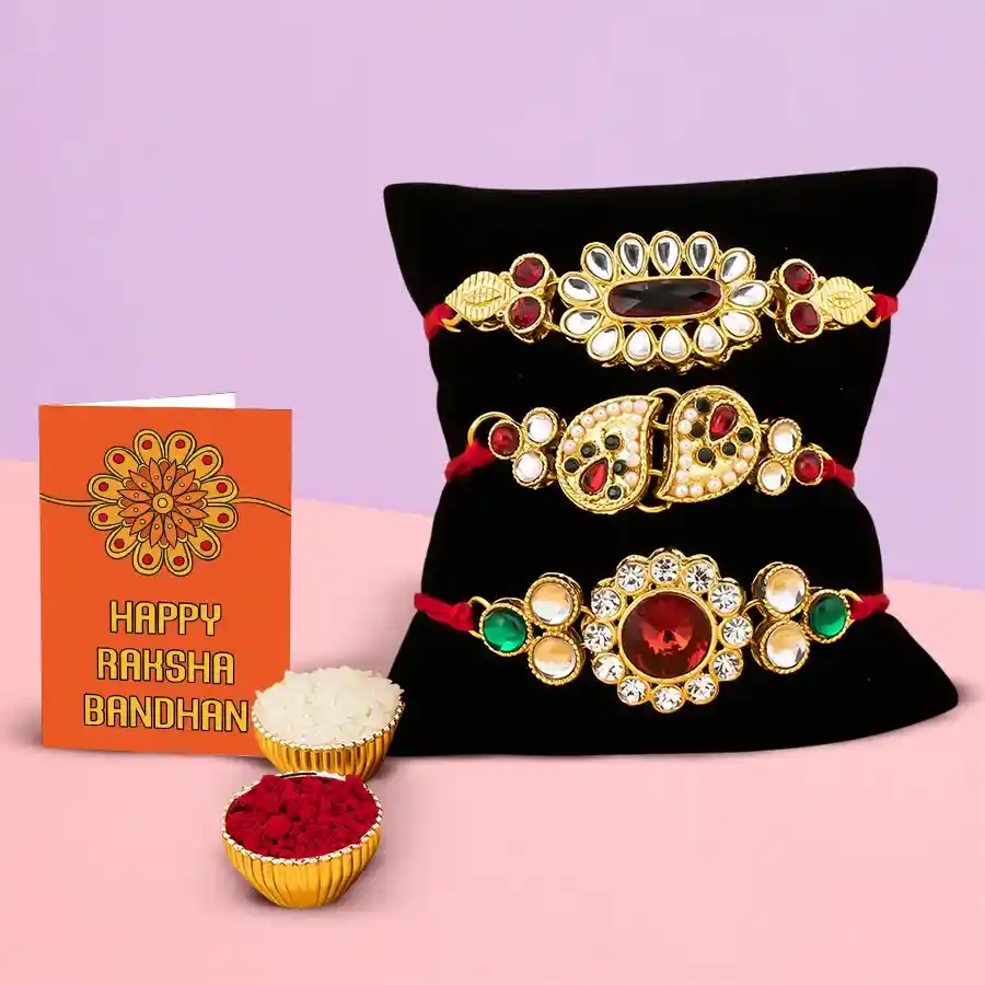 Three beautifully designed rakhis with Roli Chawal package for Raksha Bandhan celebration.