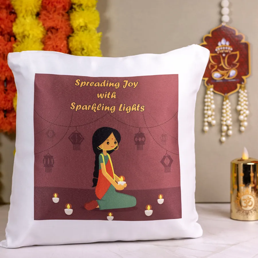 Cheerful quotes cushion with a stylish design featuring the text "Spreading Joy with Sparkling Light" placed on a cozy sofa setting.