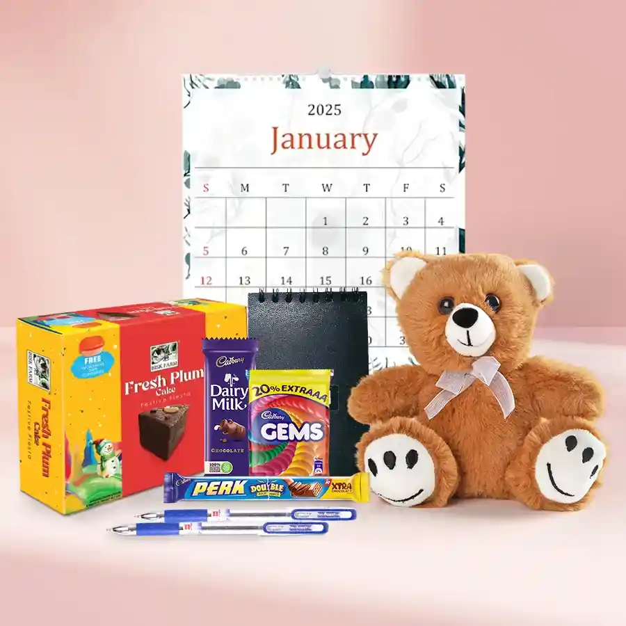 Delightful New Year hamper featuring a stylish wall calendar, ballpoint pens, pocket diary, Bisk Farm plum cake, cuddly teddy bear, and assorted chocolates