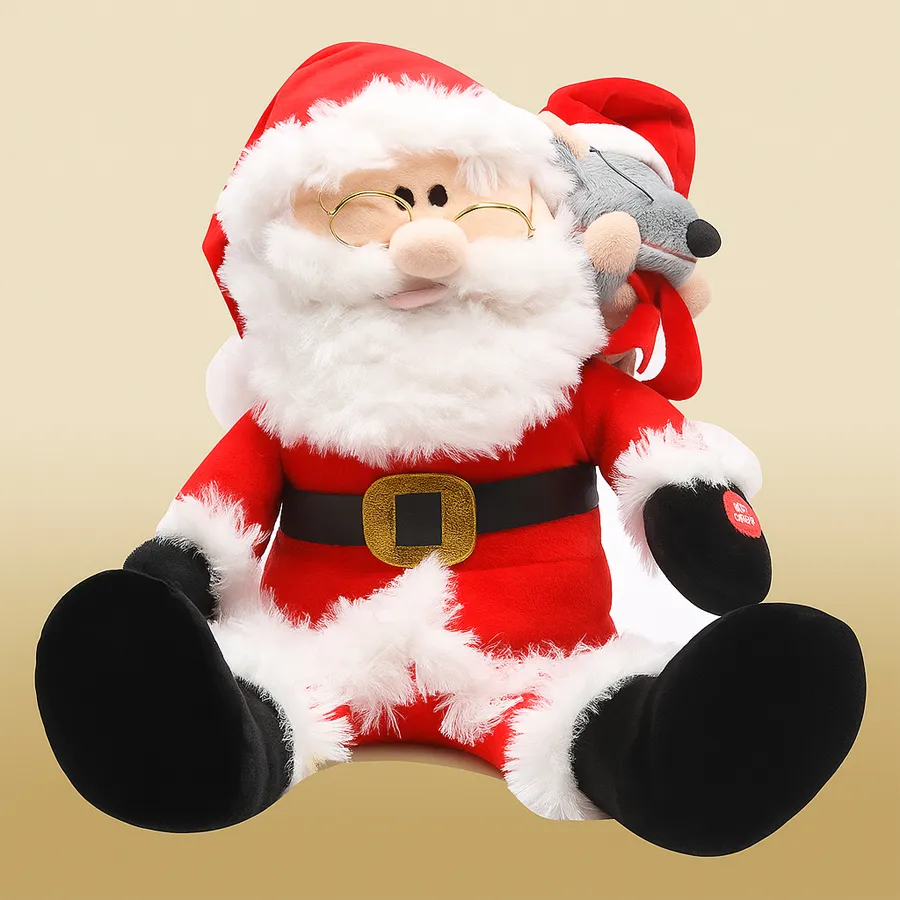 Cuddly Santa Claus soft toy with a friendly smile and plush texture, surrounded by Christmas decorations