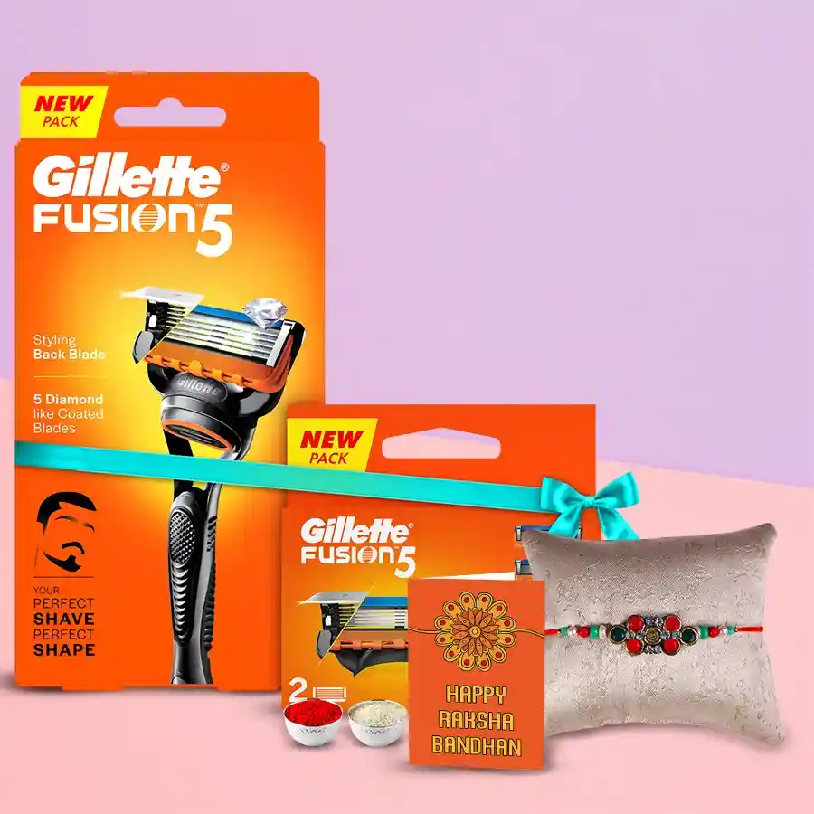 Pack of Gillette shaving razor and cartridges with free Rakhi, Roli, Tilak, and Chawal for Raksha Bandhan celebration