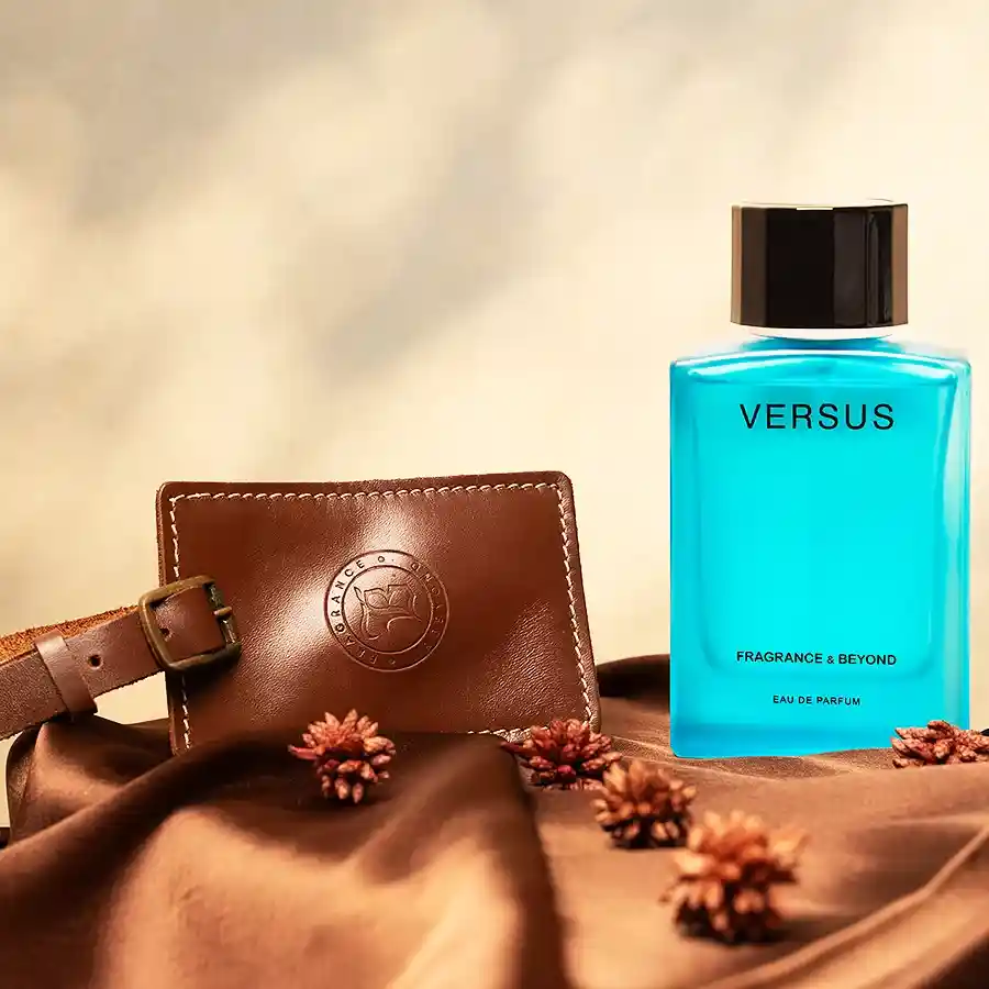 Aromatic Perfume and sleek leather luggage tag duo on a stylish background