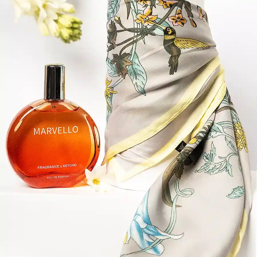 Elegant gift box containing Serene Perfume and a stylish scarf, showcasing the perfume bottle and the scarf's design.