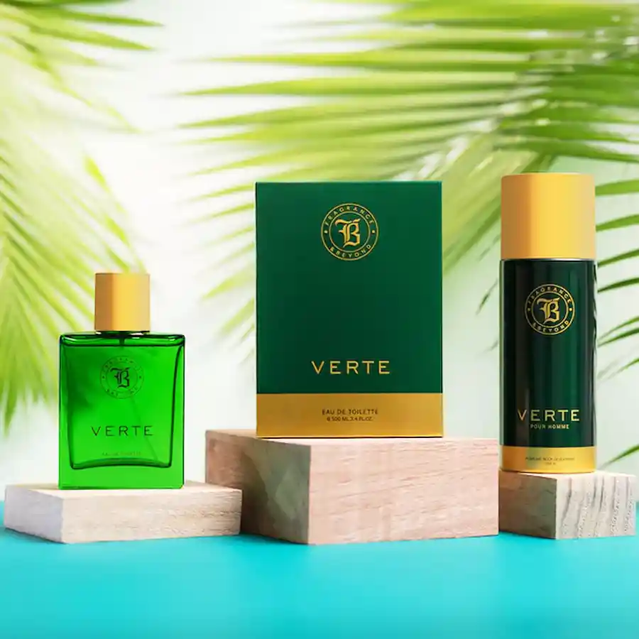 Ultimate Verte Fragrance Pair including Verte EDP and Verte Perfume Body Deodorant on a stylish background
