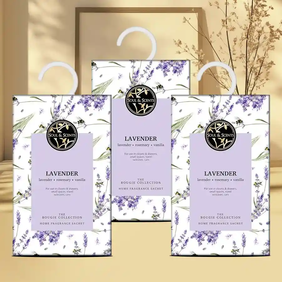 Tranquil Lavender Air Freshener Pack with three sachets on a soft background