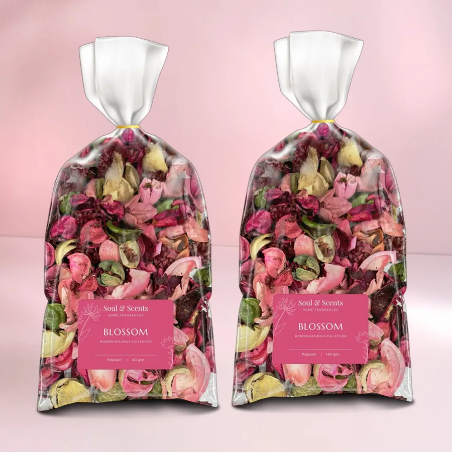 Aromatic Blossom Dream Potpourri Set featuring two 140g packs of dried flowers in an elegant presentation