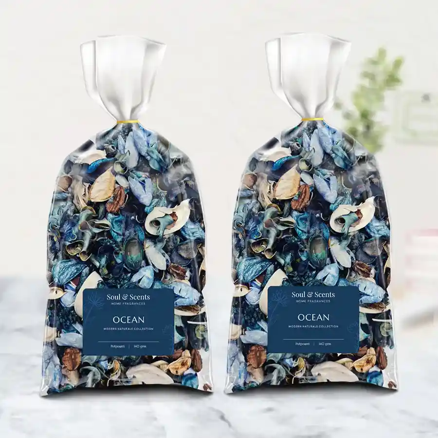 Ocean Serenity Potpourri Collection featuring two bags of dried flowers in soothing coastal colors