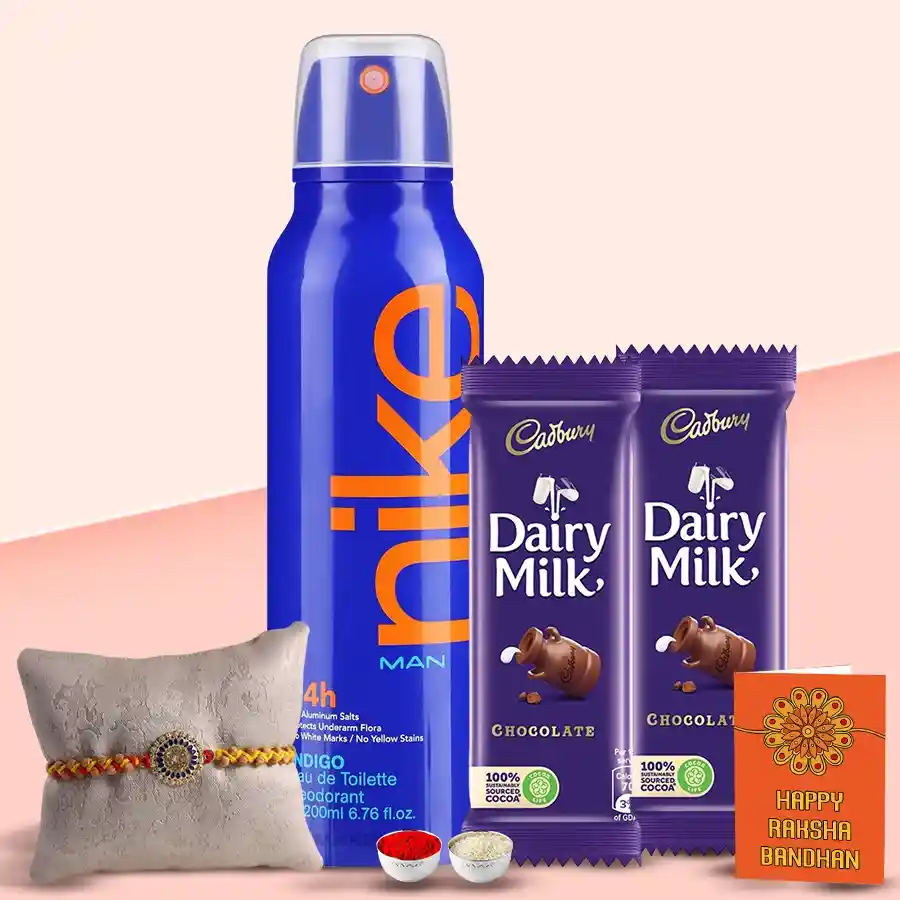 Nike Original Deo for Men gift set with Cadbury Dairy Milk chocolates, Rakhi, Roli Tilak, and Chawal
