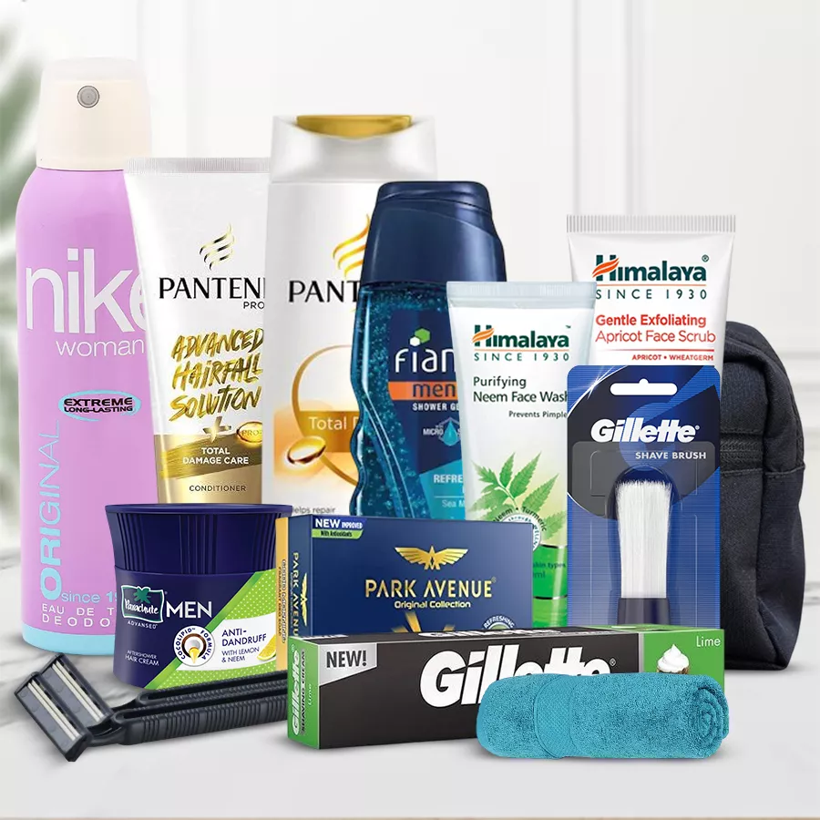 Remarkable Daily Routine Care Kit featuring premium grooming essentials including deodorant, face wash, shower gel, soap, and grooming tools, beautifully presented with a towel and travel kit.