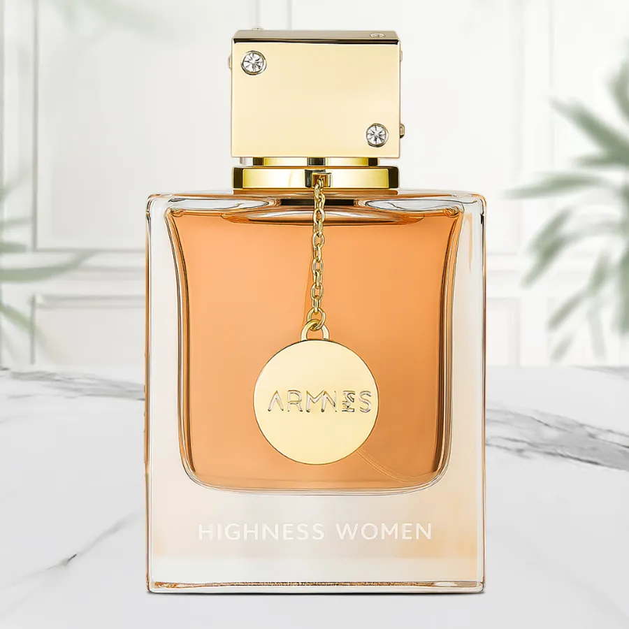 Armaf Club De Nuit Woman perfume bottle on a reflective surface with floral accents