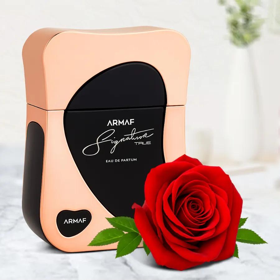 Armaf Women's Signature True Perfume with Velvet Rose 100ml bottle on a soft background