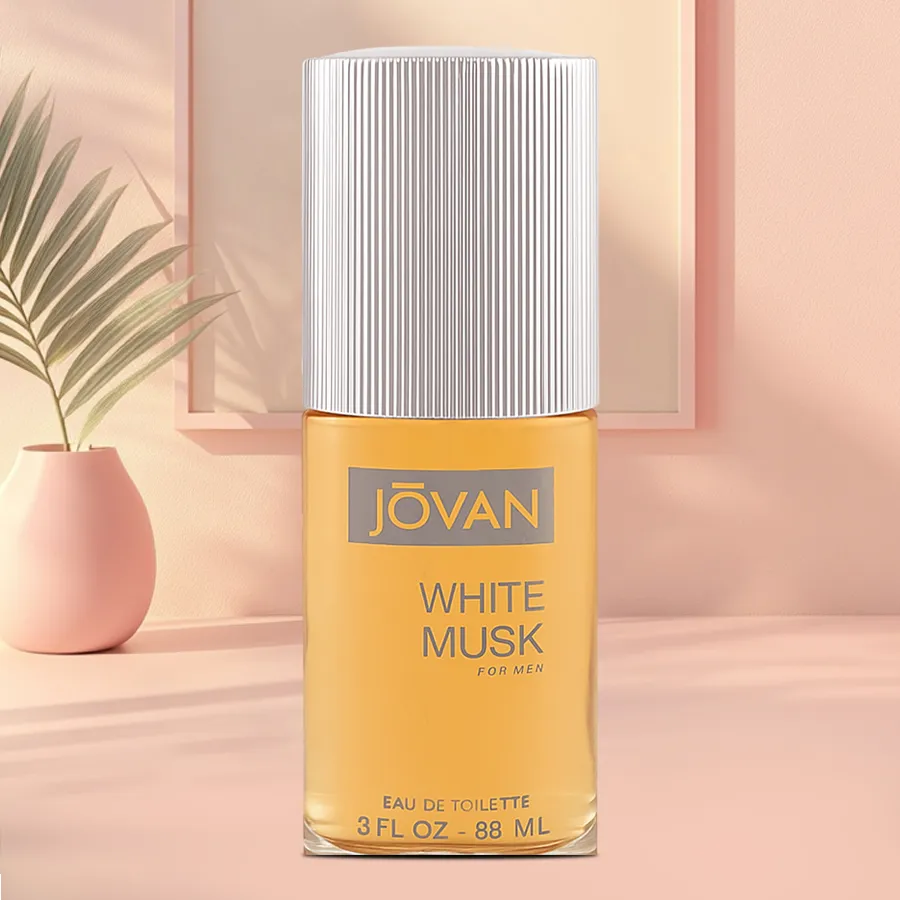 Bottle of Exclusive Jovan White Musk Cologne for Men against a stylish background