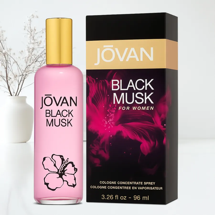 Lovely Jovan Black Musk Cologne for Women 96 ml bottle against a stylish background