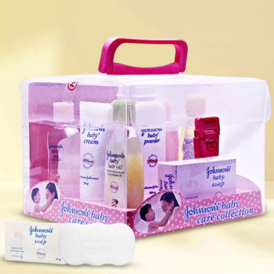 Johnson & Johnson Baby Gift Set with essential baby care products and colorful Buds in a charming hamper