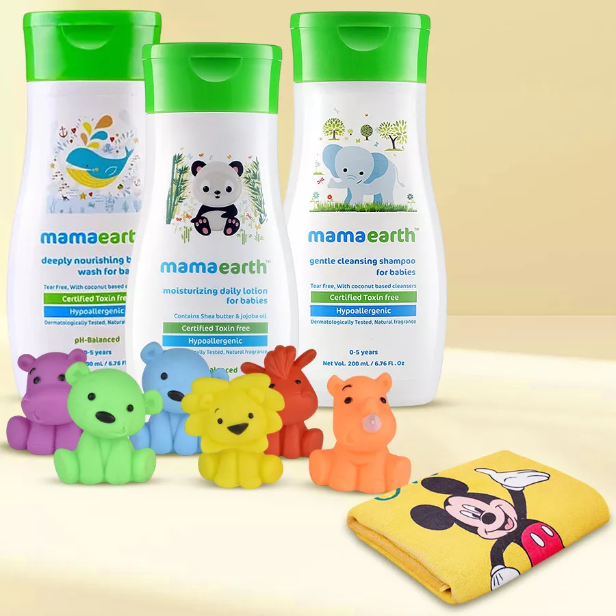 Exclusive Babys No Tear Bathing Gift Hamper featuring a body wash, moisturizing lotion, cleansing shampoo, animal squeeze toys, and a soft Mickey-printed towel.