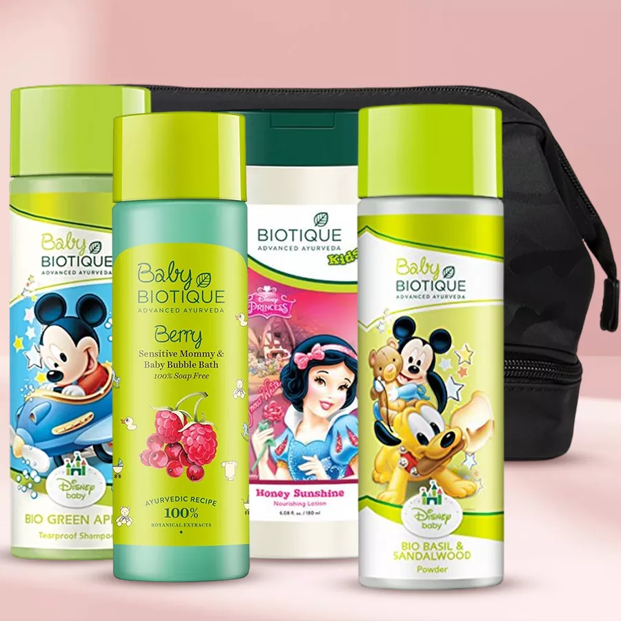 Biotique Care Hamper for Kids featuring Disney-themed bath essentials and toiletries for babies aged 0-4.