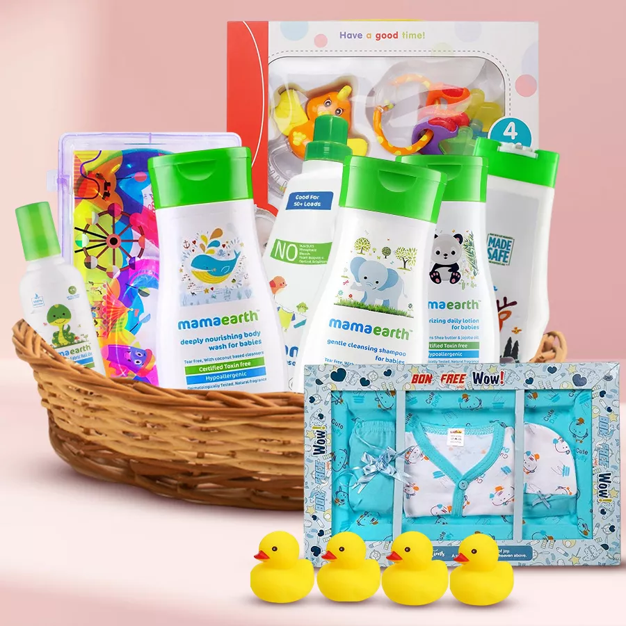 Marvelous Baby Gift Hamper featuring body wash, lotion, shampoo, baby powder, anti-mosquito roll-on, laundry detergent, teether set, rattles, duck squeezes, and a cotton dress, all beautifully arranged in a gift basket.