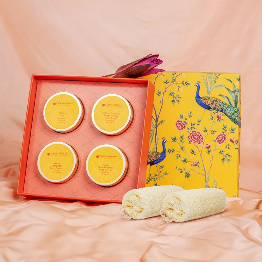 Kesar Beauty Gift Box featuring skincare essentials and eco-friendly Shower Loofah Sponge